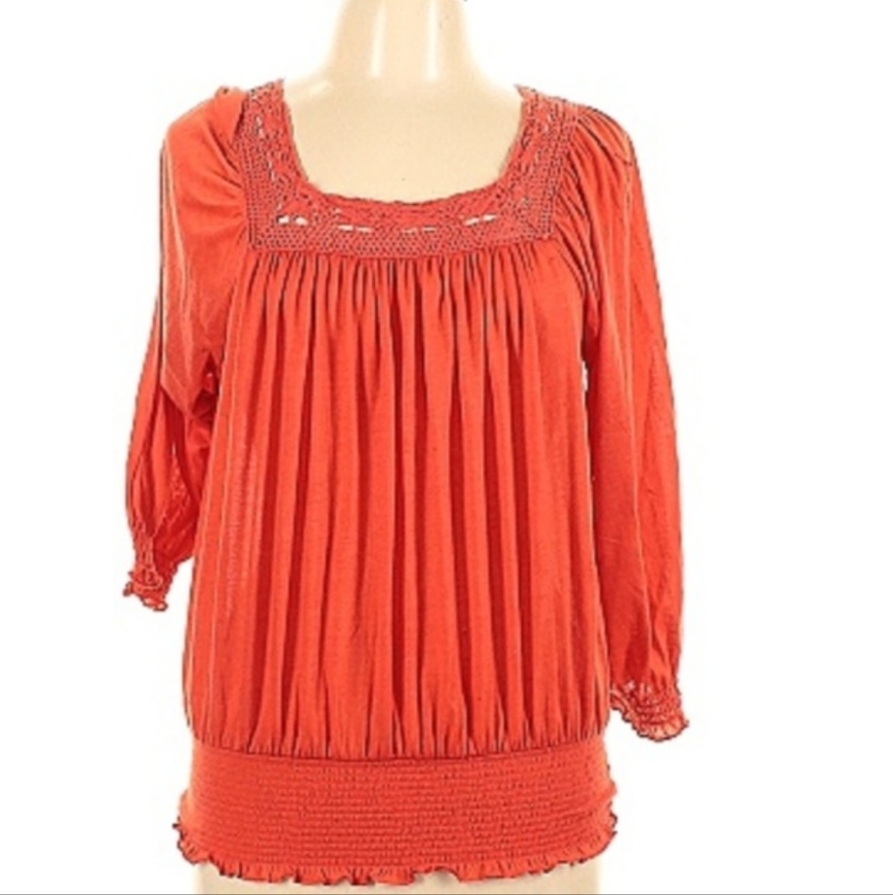 Ladies Orange Boho top.  Ruched detail scoop square neck large 3/4 sleeve